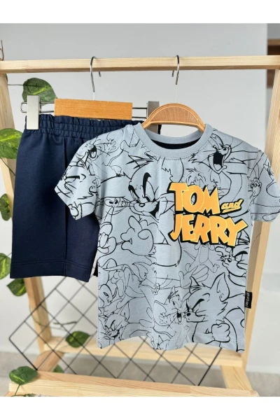 Tom Ve Jerry Baskılı Erkek Yazlık Şortlu Takım - GRİ
