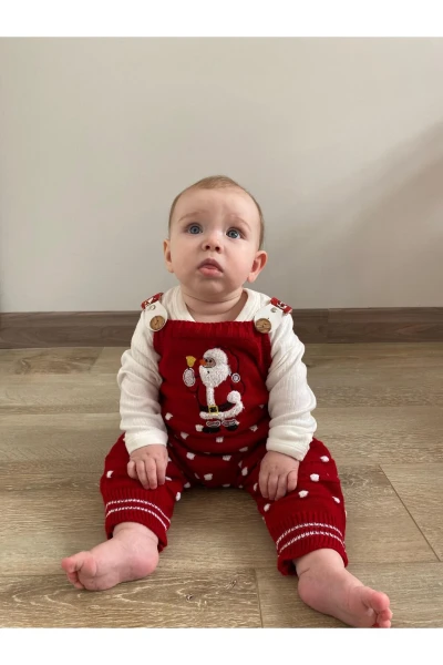 Triko Noel Babalı Çıtçıtlı Zıbınlı Badili Unisex Salopet 2'li Takım - KIRMIZI