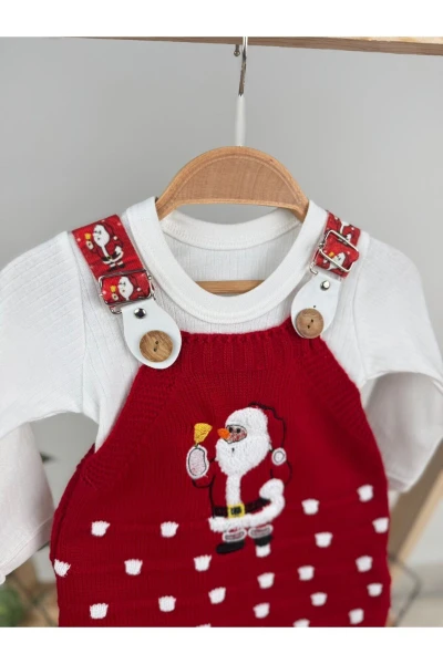 Triko Noel Babalı Çıtçıtlı Zıbınlı Badili Unisex Salopet 2'li Takım - KIRMIZI