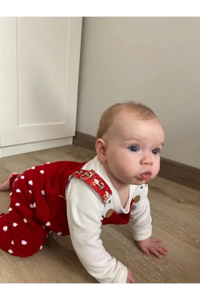 Triko Noel Babalı Çıtçıtlı Zıbınlı Badili Unisex Salopet 2'li Takım - KIRMIZI