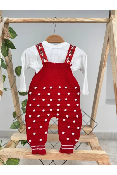 Triko Noel Babalı Çıtçıtlı Zıbınlı Badili Unisex Salopet 2'li Takım - KIRMIZI