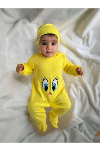Tweety desenli %100 Pamuk Şapkalı Unisex Tulum Set - SARI