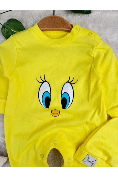 Tweety desenli %100 Pamuk Şapkalı Unisex Tulum Set - SARI