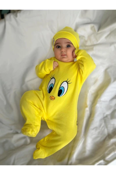 Tweety desenli %100 Pamuk Şapkalı Unisex Tulum Set - SARI