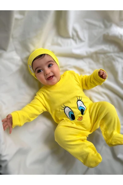 Tweety desenli %100 Pamuk Şapkalı Unisex Tulum Set - SARI