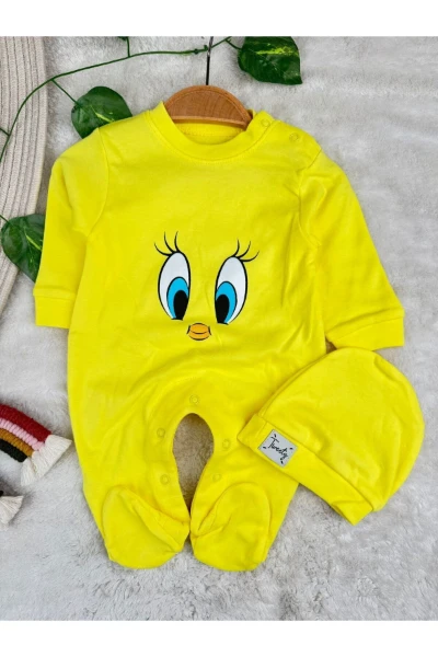 Tweety desenli %100 Pamuk Şapkalı Unisex Tulum Set - SARI