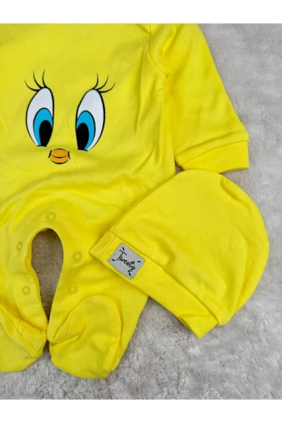 Tweety desenli %100 Pamuk Şapkalı Unisex Tulum Set - SARI