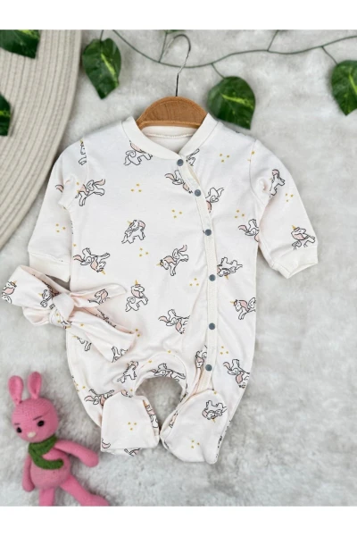 Unicorn Baskılı %100 Pamuklu Bandanalı Kız Bebek Tulum Set - KREM