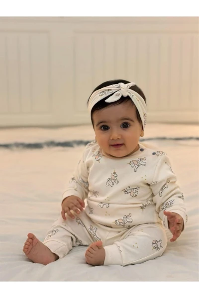 Unicorn Baskılı Omuzdan Patlı %100 Pamuk Mevsimlik Bandanalı 3'lü Kız Bebek Takım - KREM