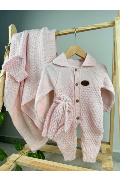 Unisex Model 3/6 Ay Battaniyeli Şapkalı Tulum Set - PEMBE