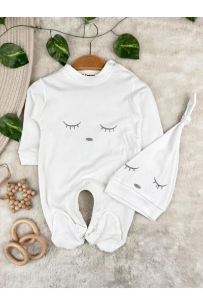 Uyusuz Sevimli Kirpik Nakışlı Ayaklı Şapkalı %100 Pamuk Unisex Tulum - BEYAZ