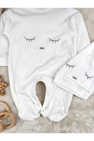 Uyusuz Sevimli Kirpik Nakışlı Ayaklı Şapkalı %100 Pamuk Unisex Tulum - BEYAZ