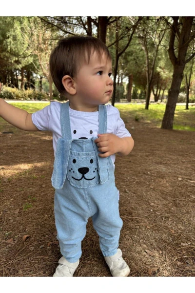 Uzun Kulak Köpekçik Cepli Kot Yazlık 2li Salopet Set - MAVİ
