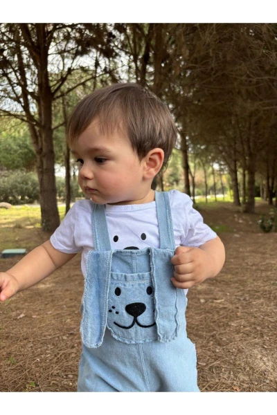 Uzun Kulak Köpekçik Cepli Kot Yazlık 2li Salopet Set - MAVİ