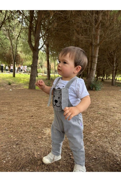 Uzun Kulak Köpekçik Cepli Kot Yazlık 2li Salopet Set - GRİ