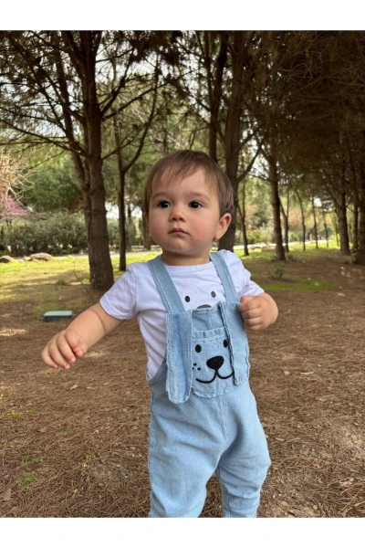 Uzun Kulak Köpekçik Cepli Kot Yazlık 2li Salopet Set - MAVİ
