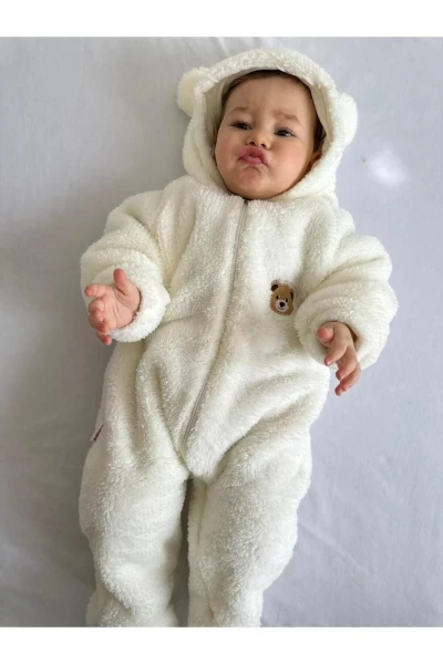 Wellsoft Peluş Unisex Fermuarlı Kışlık Bebek Uyku Tulumu Bebek Tulumu Çocuk Tulumu Çocuk Kostümü - KREM