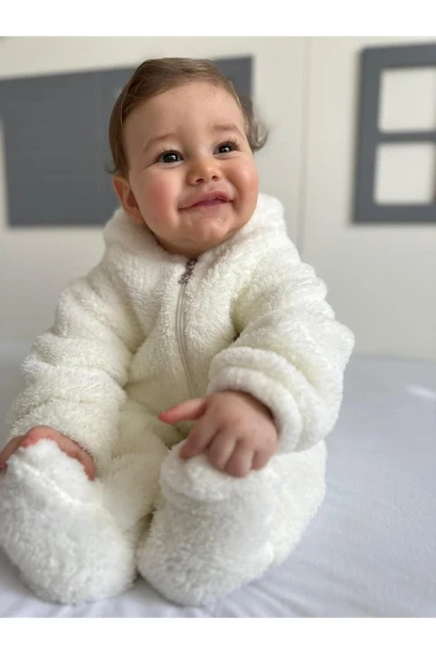 Wellsoft Peluş Unisex Fermuarlı Kışlık Bebek Uyku Tulumu Bebek Tulumu Çocuk Tulumu Çocuk Kostümü - KREM