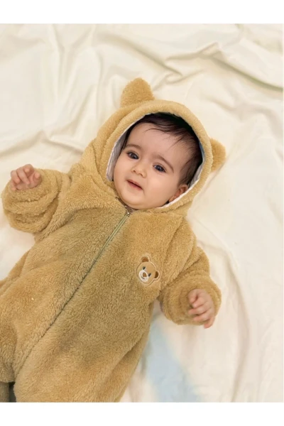 Wellsoft Peluş Unisex Fermuarlı Kışlık Bebek Uyku Tulumu Bebek Tulumu Çocuk Tulumu Çocuk Kostümü - KAHVERENGİ