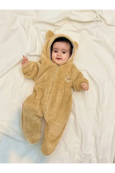 Wellsoft Peluş Unisex Fermuarlı Kışlık Bebek Uyku Tulumu Bebek Tulumu Çocuk Tulumu Çocuk Kostümü - KAHVERENGİ