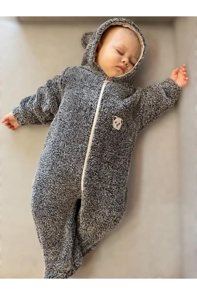 Wellsoft Peluş Unisex Fermuarlı Kışlık Bebek Uyku Tulumu Bebek Tulumu Çocuk Tulumu Çocuk Kostümü - KOYU GRİ