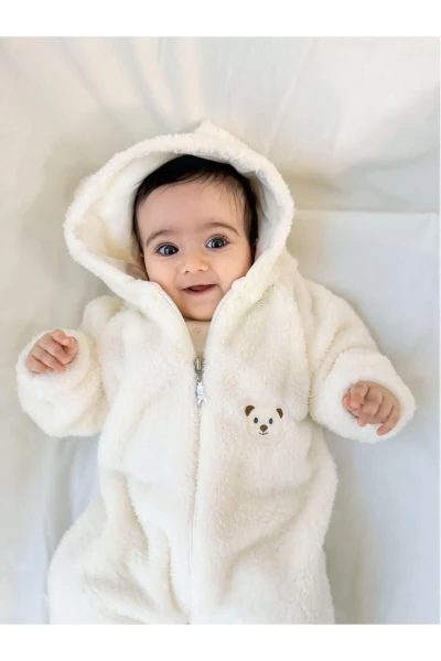 Wellsoft Peluş Unisex Fermuarlı Kışlık Bebek Uyku Tulumu Bebek Tulumu Çocuk Tulumu Çocuk Kostümü - KREM