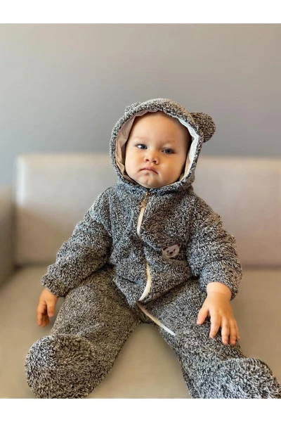 Wellsoft Peluş Unisex Fermuarlı Kışlık Bebek Uyku Tulumu Bebek Tulumu Çocuk Tulumu Çocuk Kostümü - KOYU GRİ