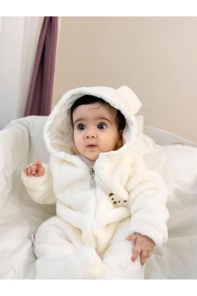 Wellsoft Peluş Unisex Fermuarlı Kışlık Bebek Uyku Tulumu Bebek Tulumu Çocuk Tulumu Çocuk Kostümü - KREM