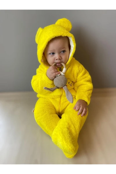 Wellsoft Peluş Unisex Fermuarlı Kışlık Bebek Uyku Tulumu Bebek Tulumu Çocuk Tulumu Çocuk Kostümü - SARI