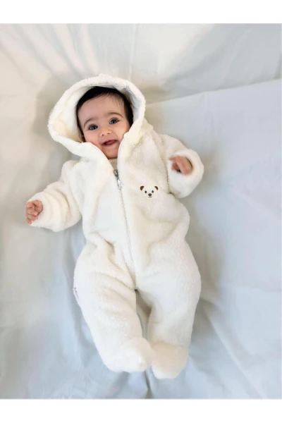 Wellsoft Peluş Unisex Fermuarlı Kışlık Bebek Uyku Tulumu Bebek Tulumu Çocuk Tulumu Çocuk Kostümü - KREM