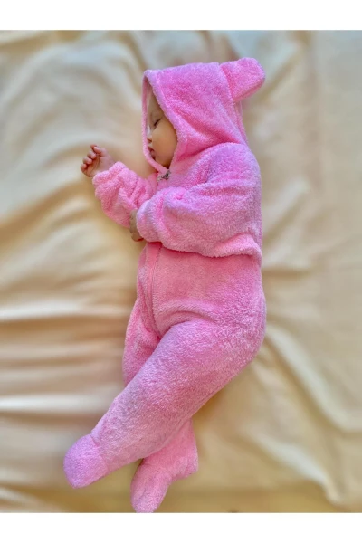 Wellsoft Peluş Unisex Fermuarlı Kışlık Bebek Uyku Tulumu Bebek Tulumu Çocuk Tulumu Çocuk Kostümü - PEMBE