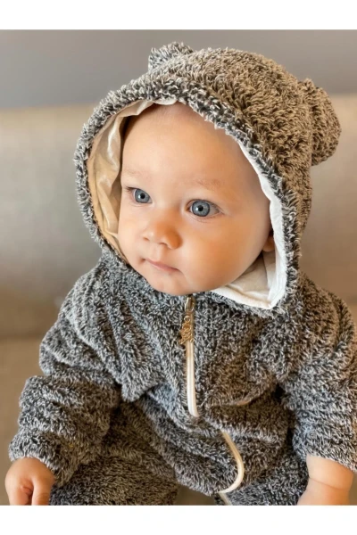 Wellsoft Peluş Unisex Fermuarlı Kışlık Bebek Uyku Tulumu Bebek Tulumu Çocuk Tulumu Çocuk Kostümü - KOYU GRİ
