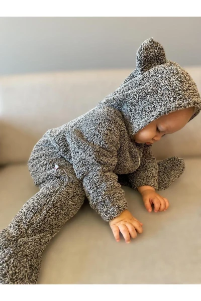Wellsoft Peluş Unisex Fermuarlı Kışlık Bebek Uyku Tulumu Bebek Tulumu Çocuk Tulumu Çocuk Kostümü - KOYU GRİ