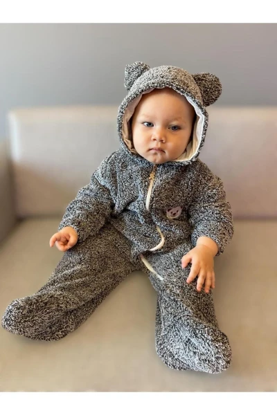 Wellsoft Peluş Unisex Fermuarlı Kışlık Bebek Uyku Tulumu Bebek Tulumu Çocuk Tulumu Çocuk Kostümü - KOYU GRİ