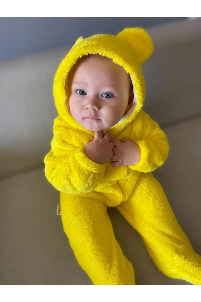 Wellsoft Peluş Unisex Fermuarlı Kışlık Bebek Uyku Tulumu Bebek Tulumu Çocuk Tulumu Çocuk Kostümü - SARI