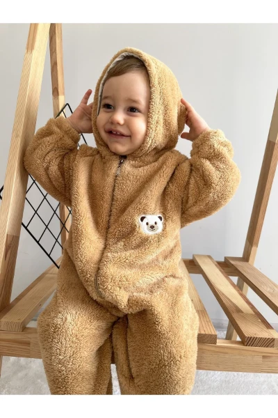 Wellsoft Peluş Unisex Fermuarlı Kışlık Bebek Uyku Tulumu Bebek Tulumu Çocuk Tulumu Çocuk Kostümü - KAHVERENGİ