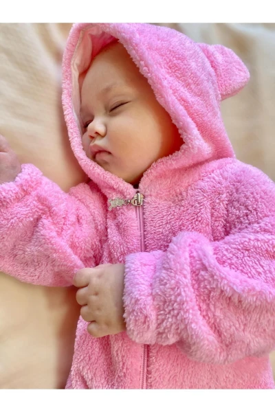 Wellsoft Peluş Unisex Fermuarlı Kışlık Bebek Uyku Tulumu Bebek Tulumu Çocuk Tulumu Çocuk Kostümü - PEMBE