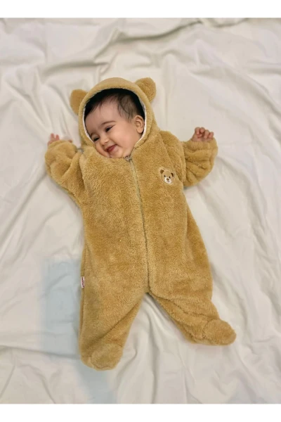 Wellsoft Peluş Unisex Fermuarlı Kışlık Bebek Uyku Tulumu Bebek Tulumu Çocuk Tulumu Çocuk Kostümü - KAHVERENGİ
