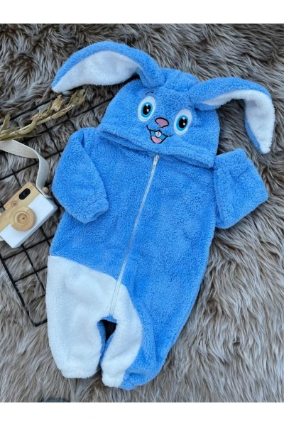 Wellsoft Peluş Unisex Fermuarlı Kışlık Tavşan Bebek Uyku Tulumu - MAVİ-BEYAZ
