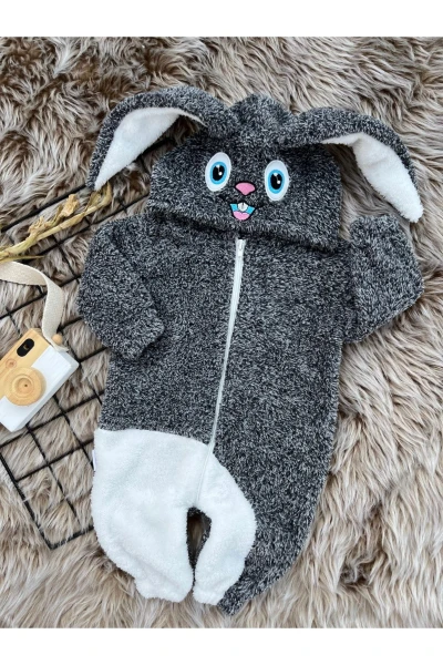 Wellsoft Peluş Unisex Fermuarlı Kışlık Tavşan Bebek Uyku Tulumu - KIRÇILLI GRİ-BEYAZ