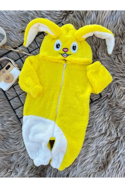 Wellsoft Peluş Unisex Fermuarlı Kışlık Tavşan Bebek Uyku Tulumu - SARI-BEYAZ