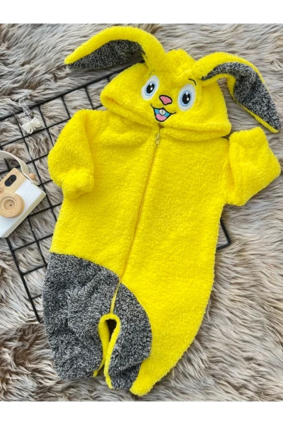 Wellsoft Peluş Unisex Fermuarlı Kışlık Tavşan Bebek Uyku Tulumu - SARI-KIRÇILLI GRİ