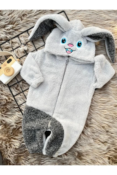 Wellsoft Peluş Unisex Fermuarlı Kışlık Tavşan Bebek Uyku Tulumu - GRİ-KIRÇILLI GRİ