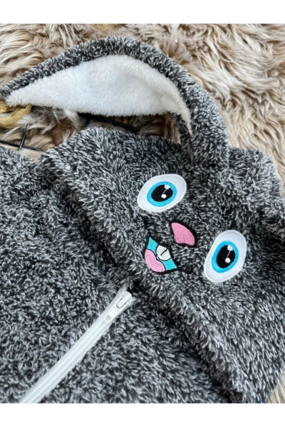 Wellsoft Peluş Unisex Fermuarlı Kışlık Tavşan Bebek Uyku Tulumu - KIRÇILLI GRİ-BEYAZ