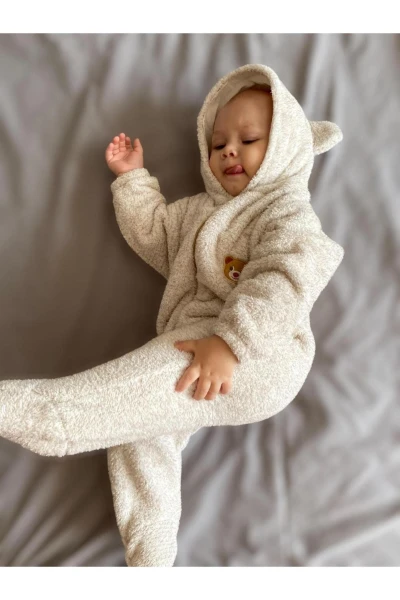 Wellsoft Peluş Unisex Fermuarlı Patikli Kışlık Bebek Uyku Tulumu Çocuk Tulumu Çocuk Kostümü - KIRÇILLI KAHVE