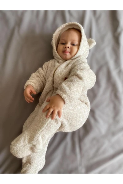 Wellsoft Peluş Unisex Fermuarlı Patikli Kışlık Bebek Uyku Tulumu Çocuk Tulumu Çocuk Kostümü - KIRÇILLI KAHVE