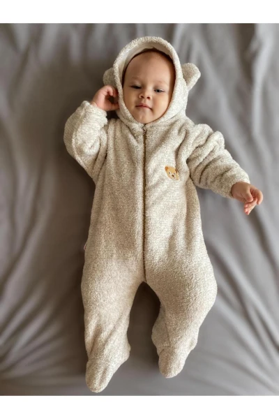 Wellsoft Peluş Unisex Fermuarlı Patikli Kışlık Bebek Uyku Tulumu Çocuk Tulumu Çocuk Kostümü - KIRÇILLI KAHVE