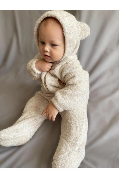 Wellsoft Peluş Unisex Fermuarlı Patikli Kışlık Bebek Uyku Tulumu Çocuk Tulumu Çocuk Kostümü - KIRÇILLI KAHVE