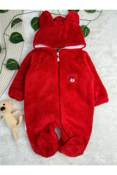 Wellsoft Peluş Unisex Fermuarlı Patikli Kışlık Bebek Uyku Tulumu Çocuk Tulumu Çocuk Kostümü - KIRMIZI