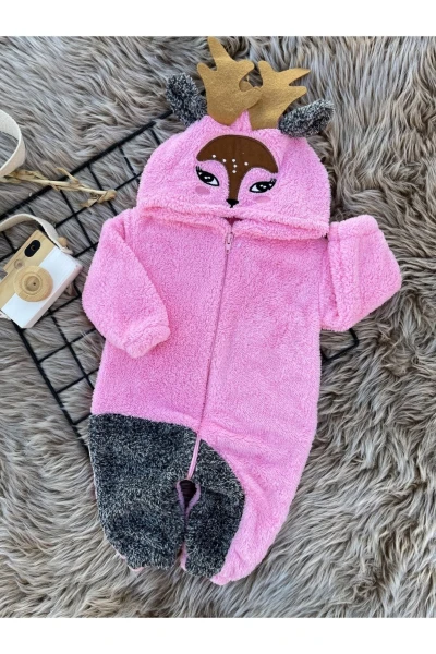 Welsoft Peluş Fermuarlı Kışlık Kız Geyik Bebek Uyku Tulumu - PEMBE-KIRÇILLI GRİ
